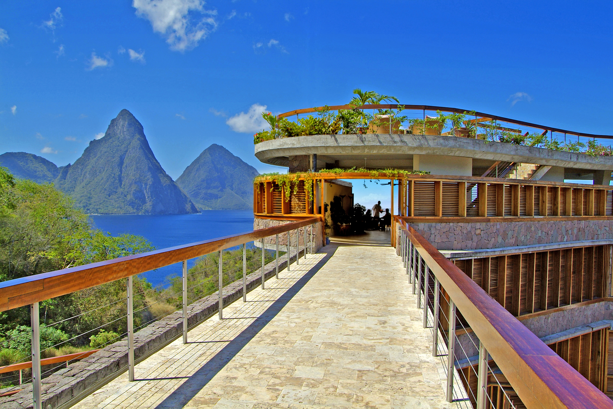 Caribbean      St. Lucia      Jade Mountain Club entrance, Pitons in view